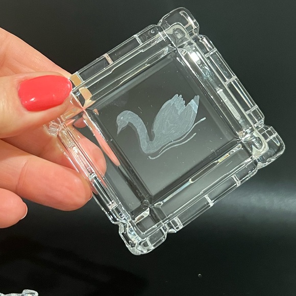 Square Clear Crystal Jewelry Trinket Box w/Lid Etched Swan Italy - Picture 7 of 9